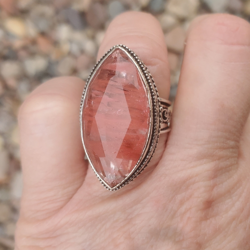 New Watermelon Quartz Crystal 925 Silver Ring.